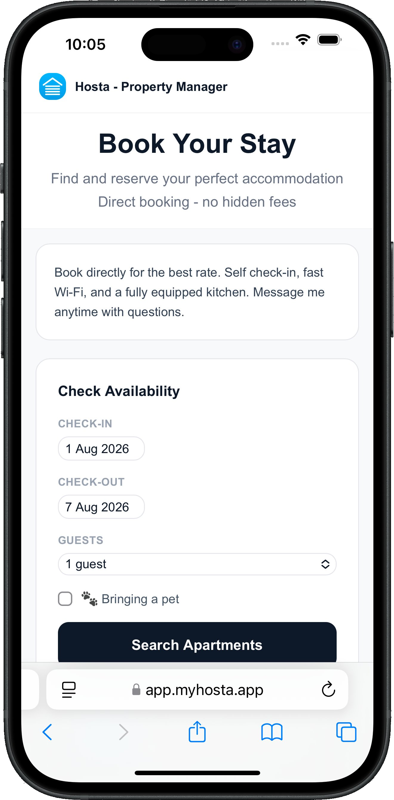 Guest choosing check-in and check-out dates on the Hosta direct booking page