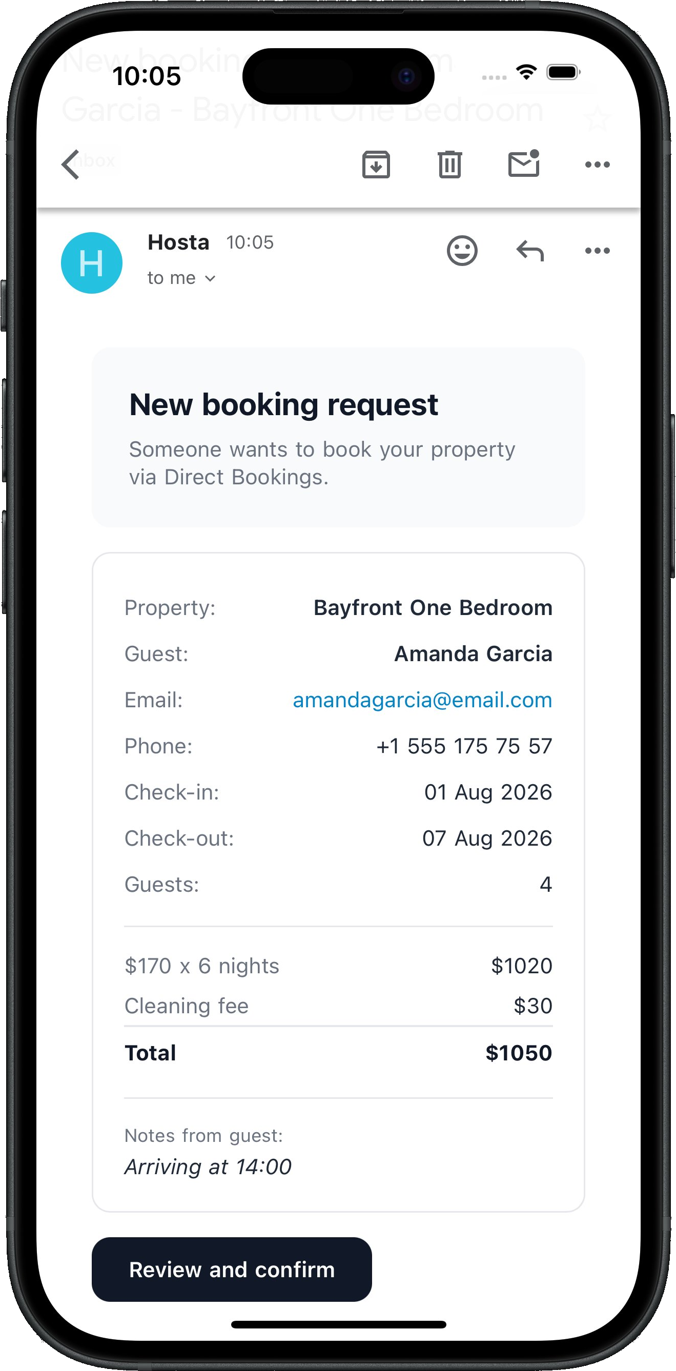 Email notification of a new direct booking request with a review and confirm button