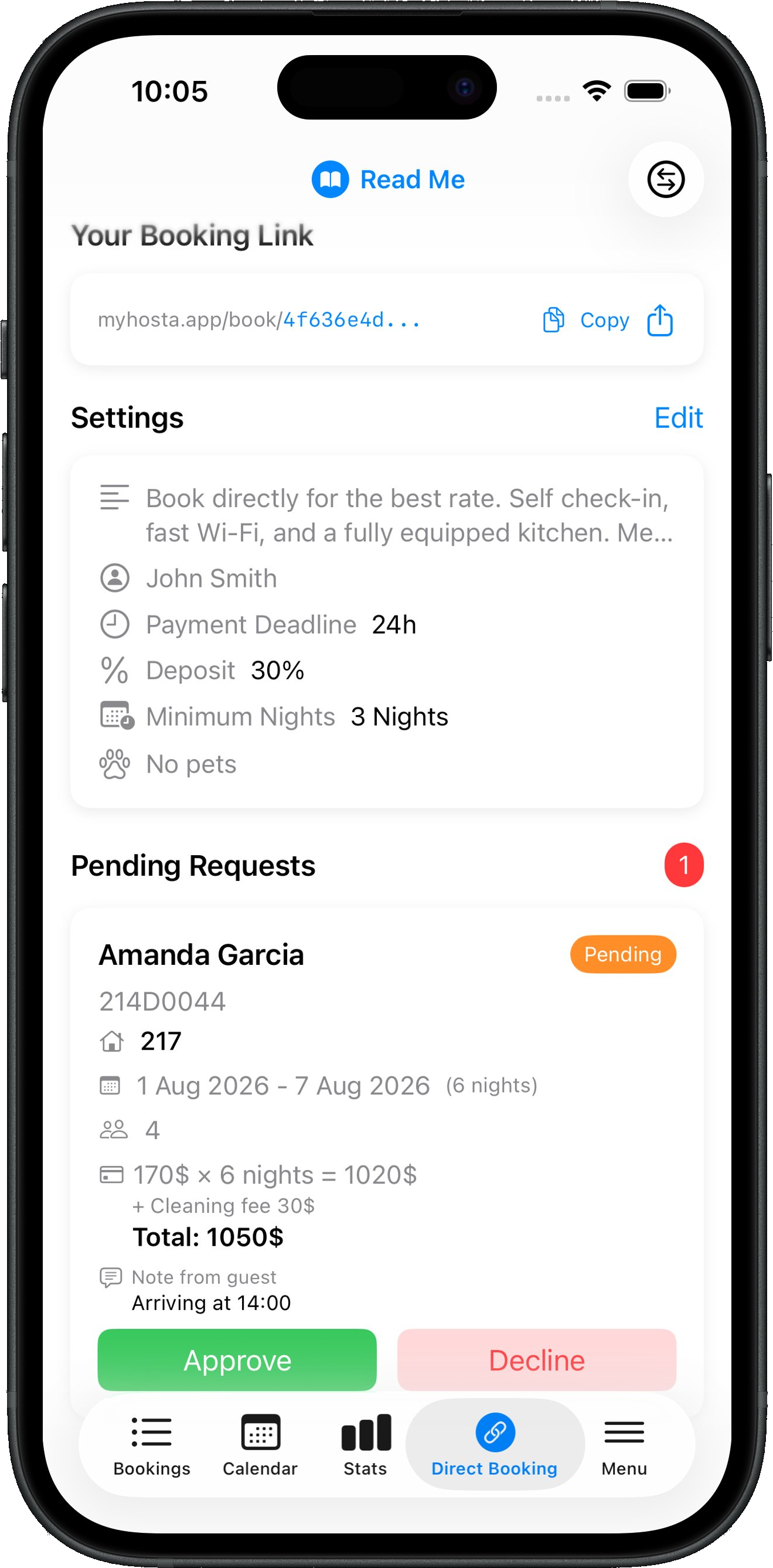 Hosta direct booking link and host dashboard with a pending booking request