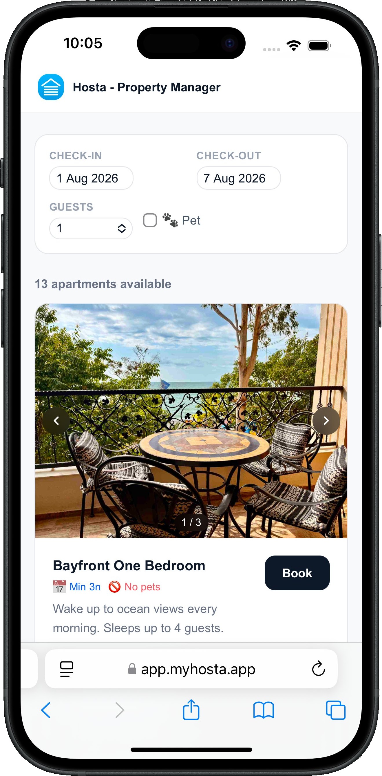 Guest browsing available apartments for the selected dates and sending a booking request