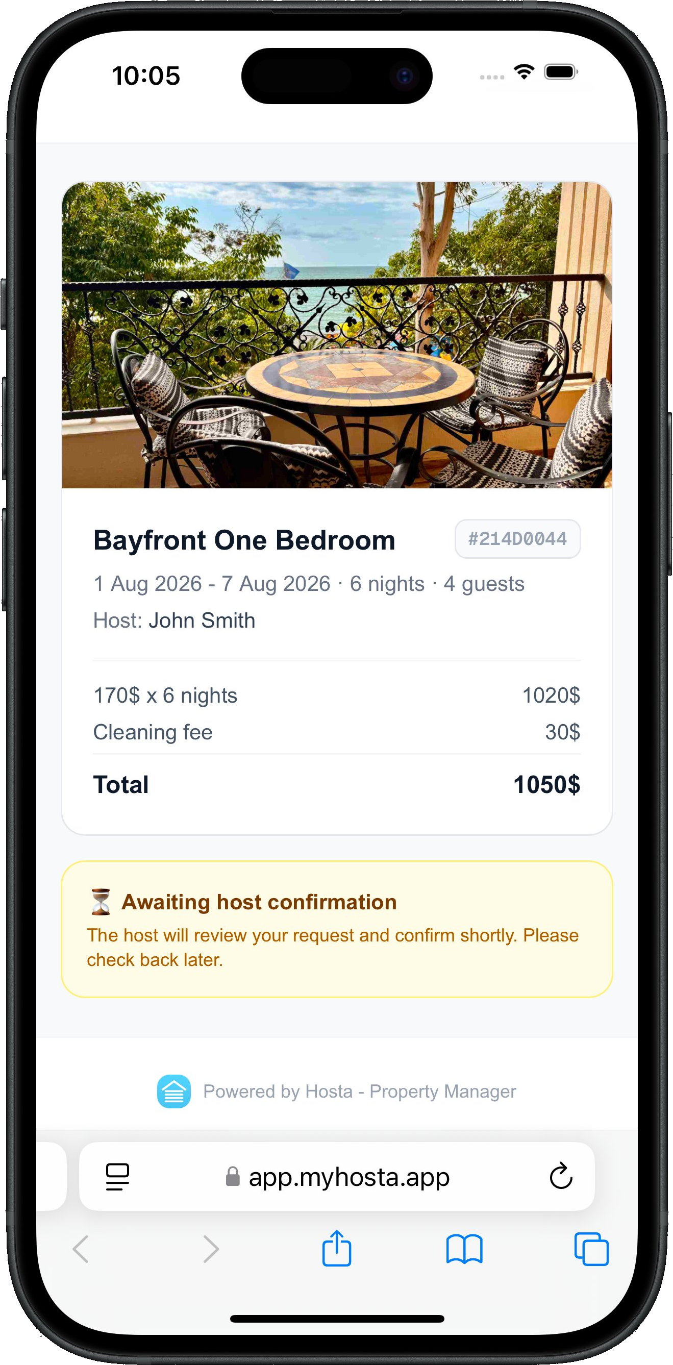 Guest seeing a live booking status page awaiting host confirmation