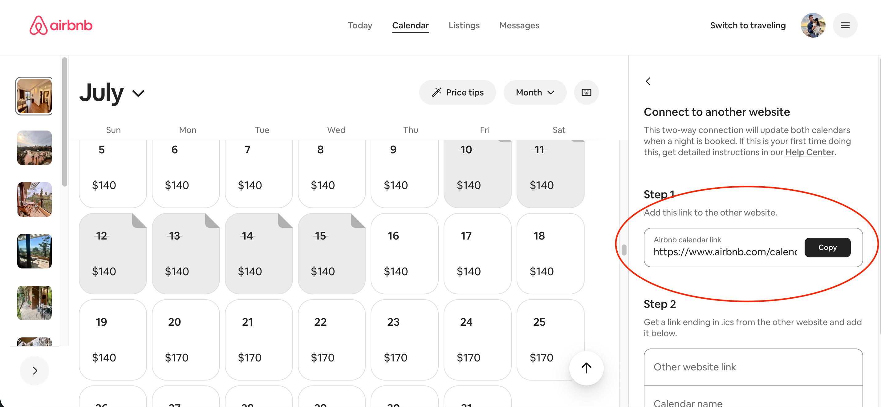 Airbnb calendar with Connect to another website highlighted