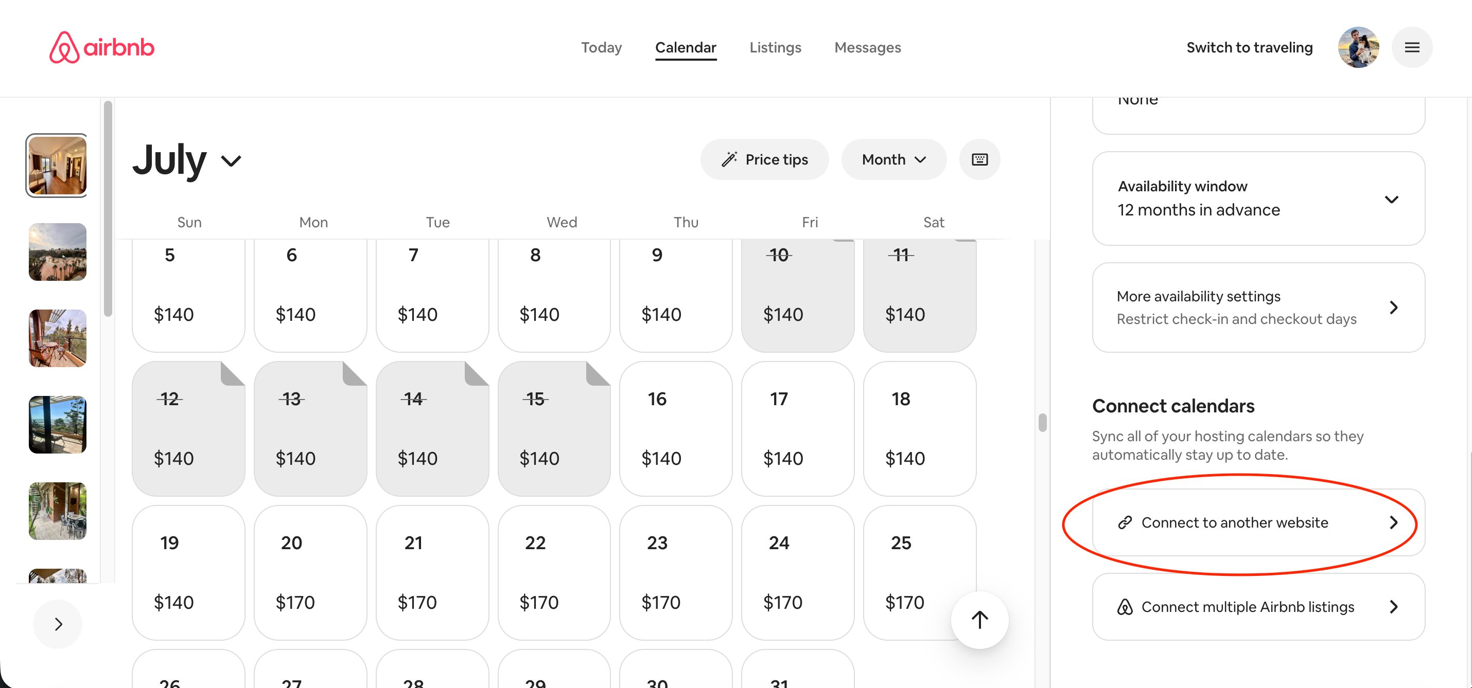 Airbnb calendar export link ending in .ics with a Copy button
