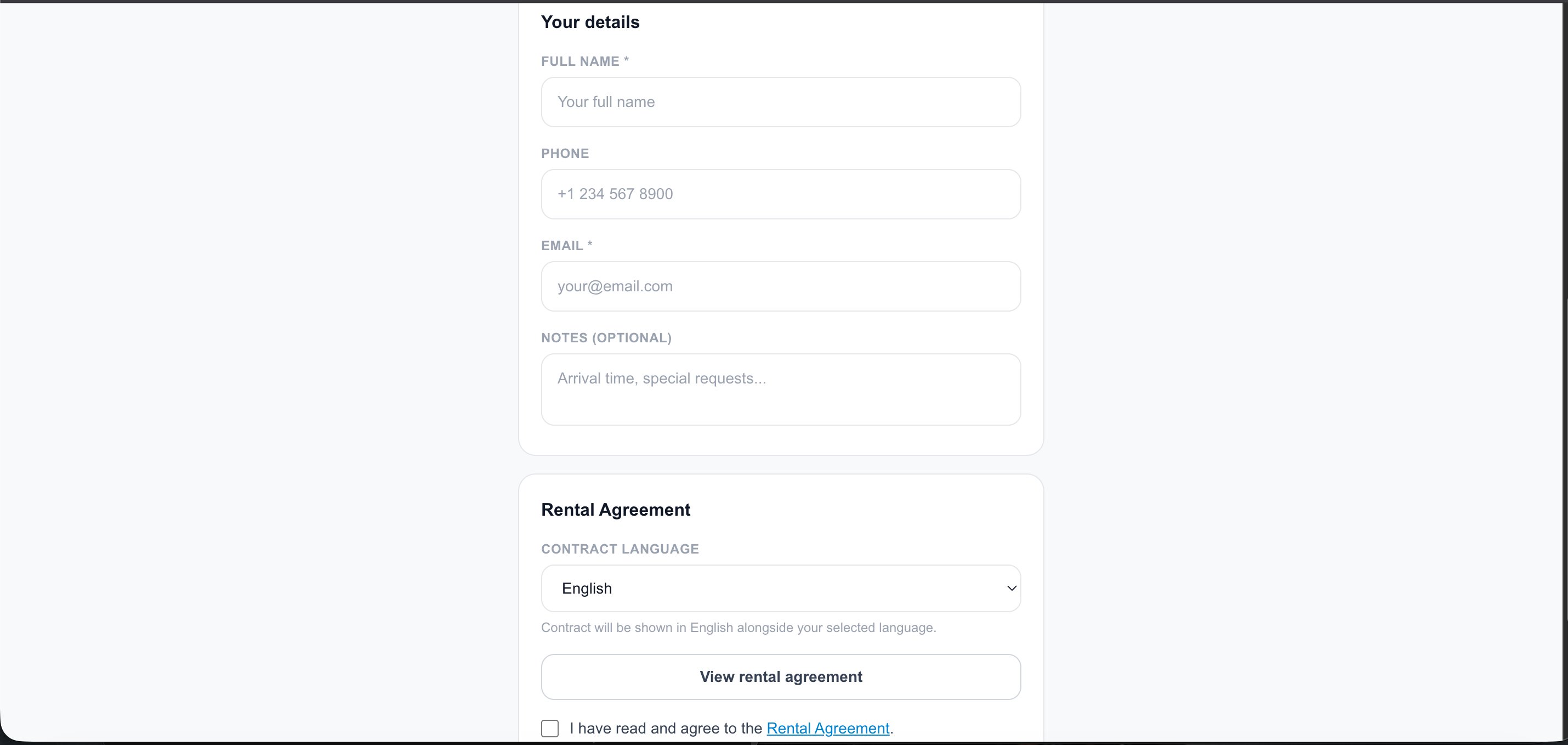 Guest details form and rental agreement on the booking page