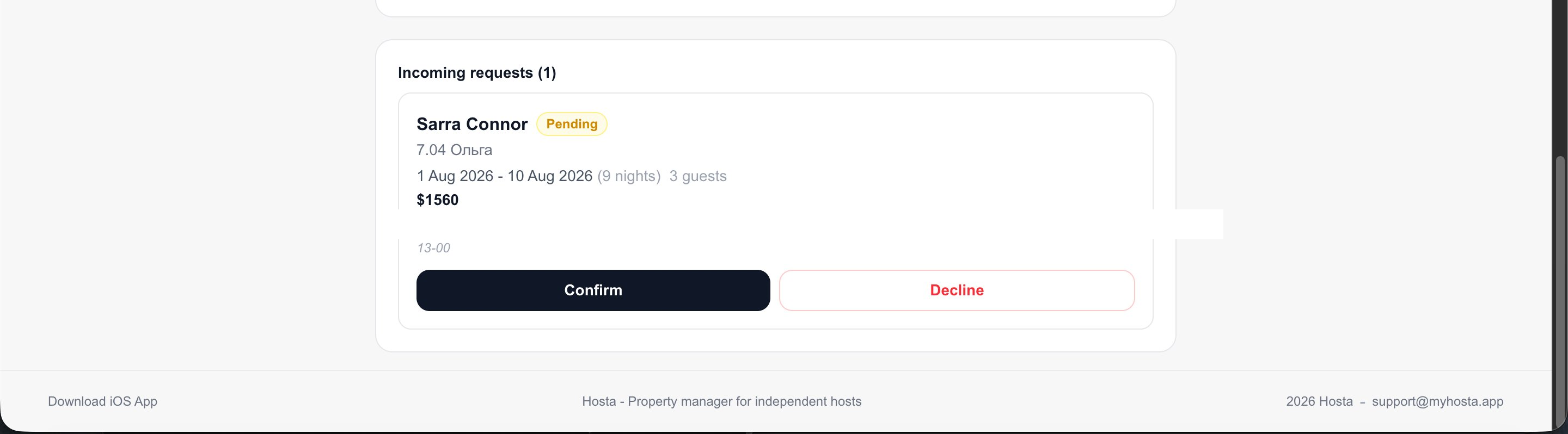 Host dashboard showing an incoming direct booking request with Confirm and Decline buttons