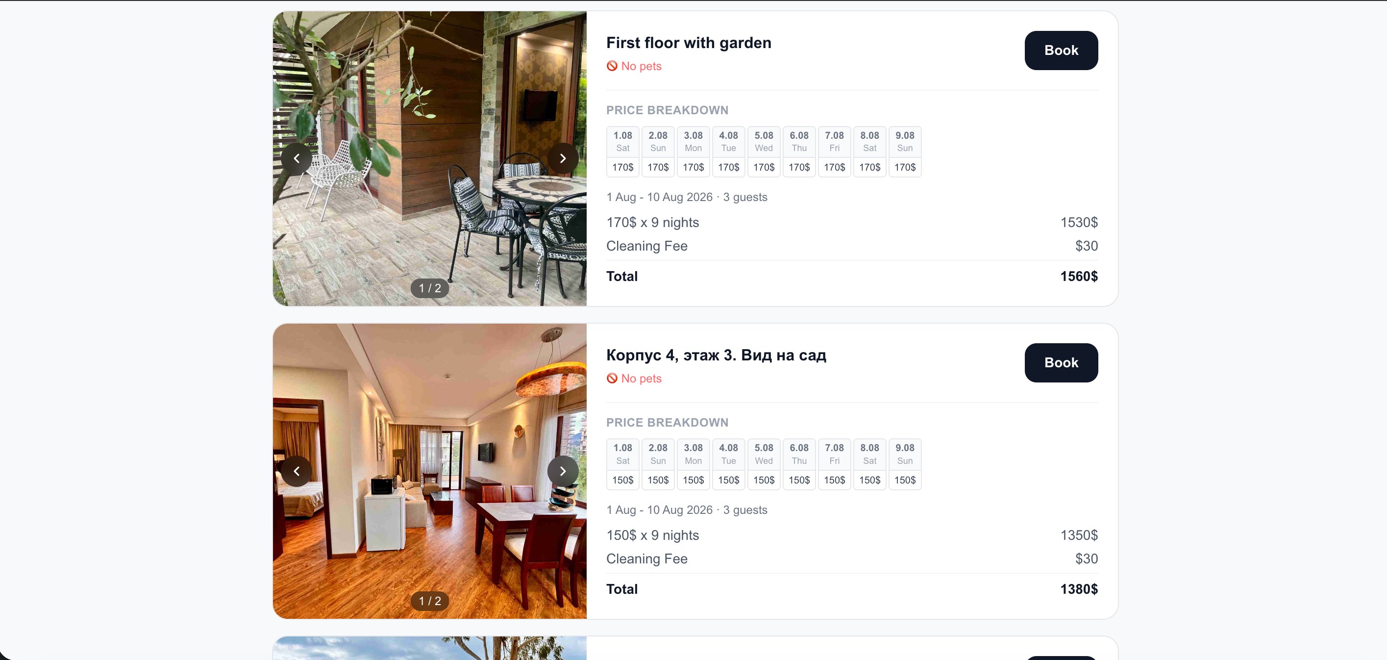 Search results showing available apartments with price breakdown