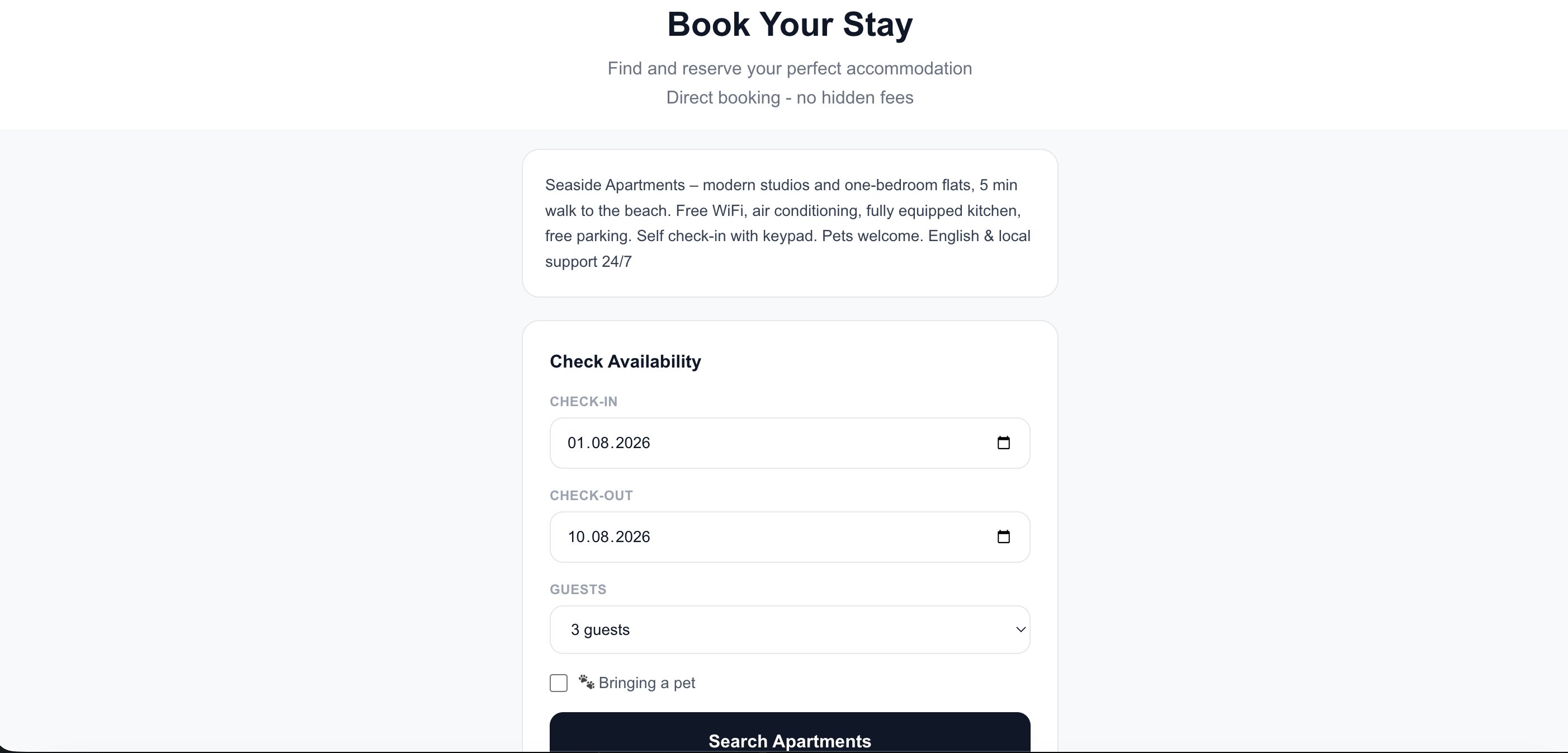 Hosta direct booking page where a guest selects dates