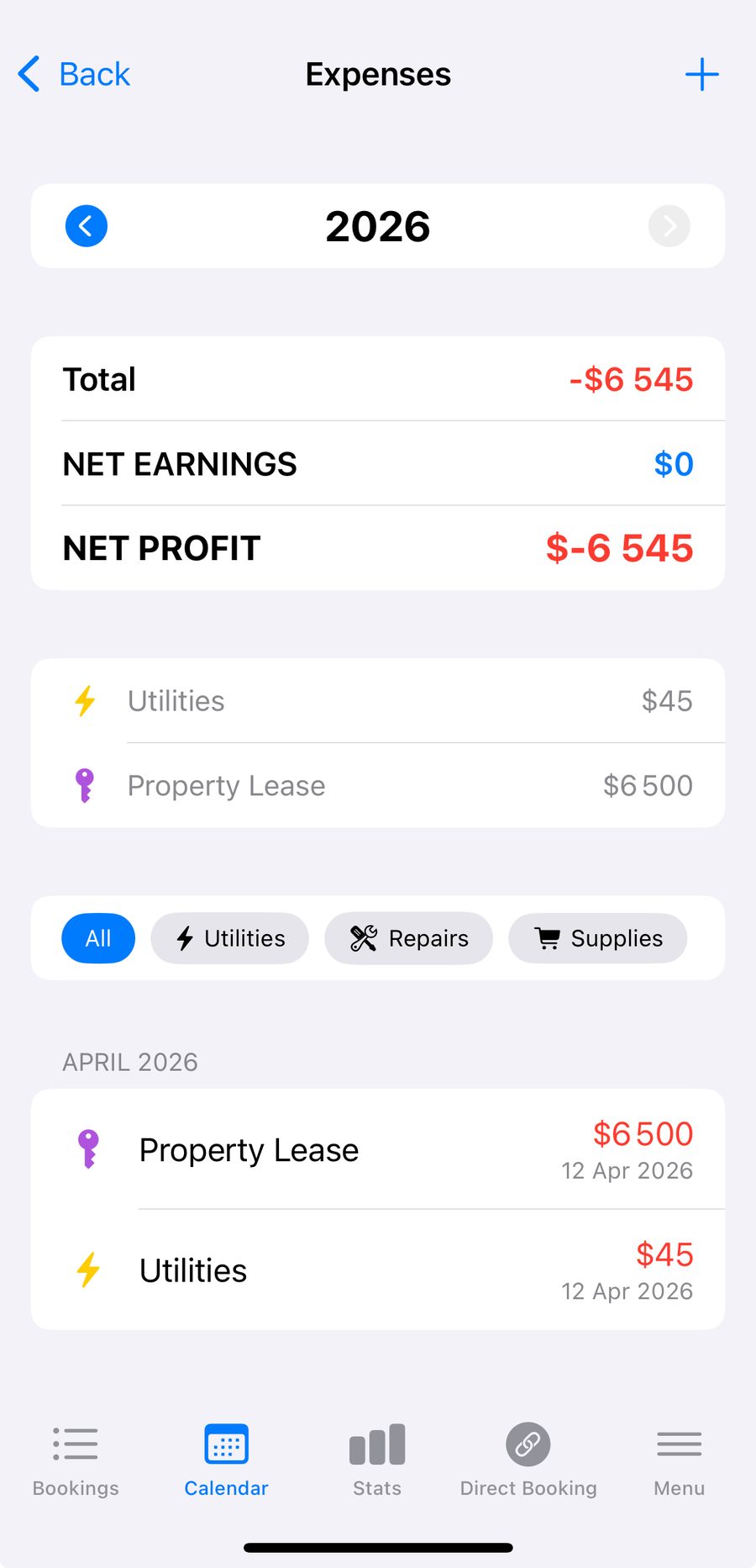 Hosta expenses screen for 2026 with total, net earnings and net profit, category filters, and a Property Lease entry of $6,500 logged in April