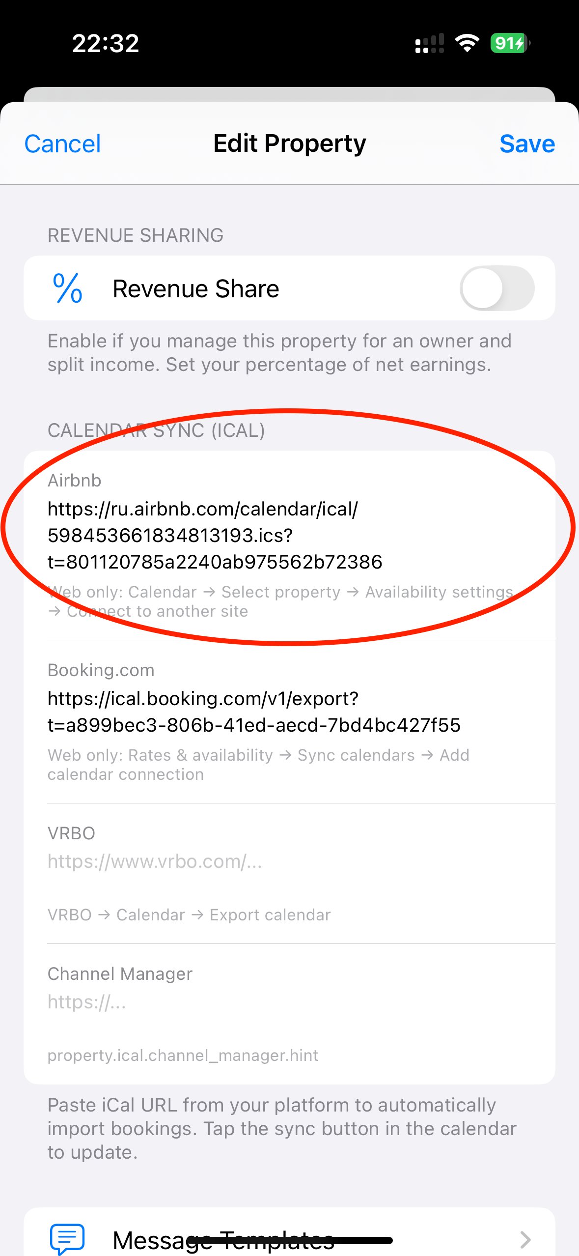 Hosta Calendar Sync section showing the Airbnb iCal field
