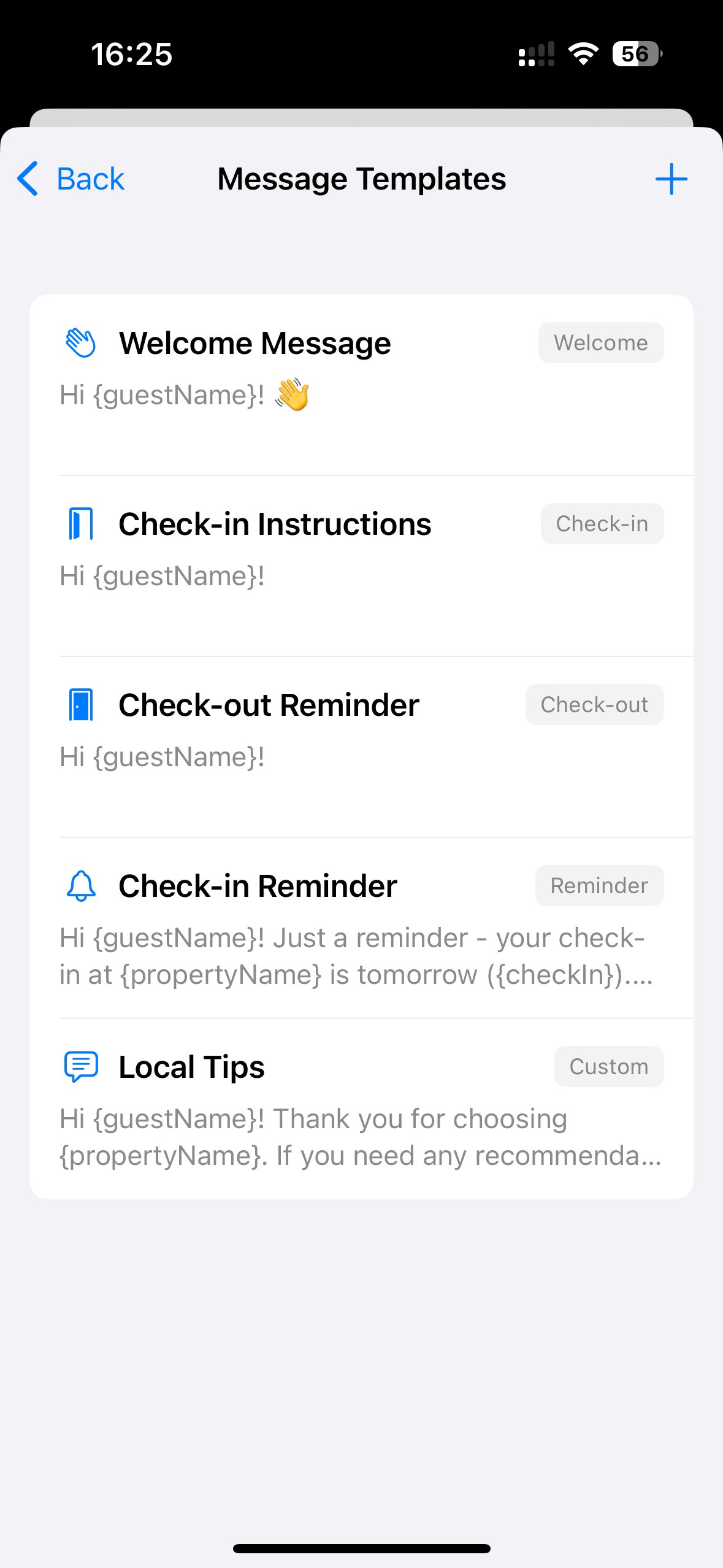 Message Templates list inside property editing in Hosta