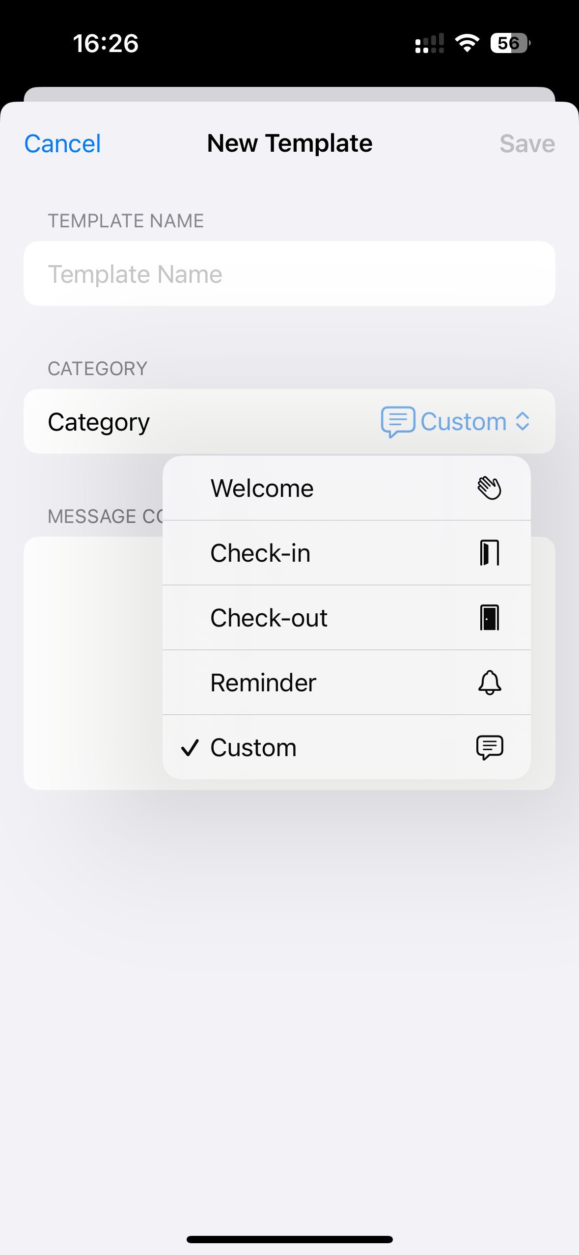 Creating a new message template with a category in Hosta