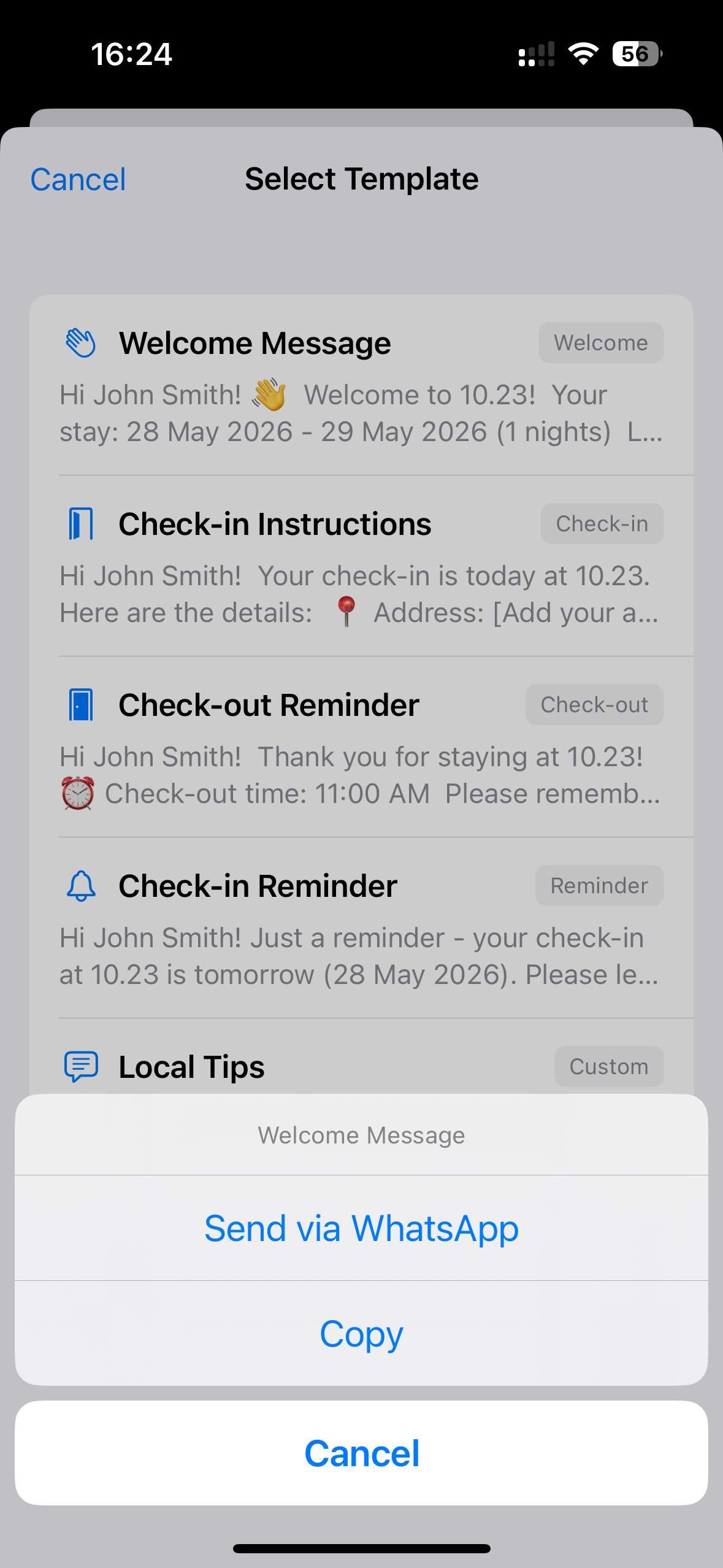 Sending a guest message via WhatsApp or copying it from Hosta