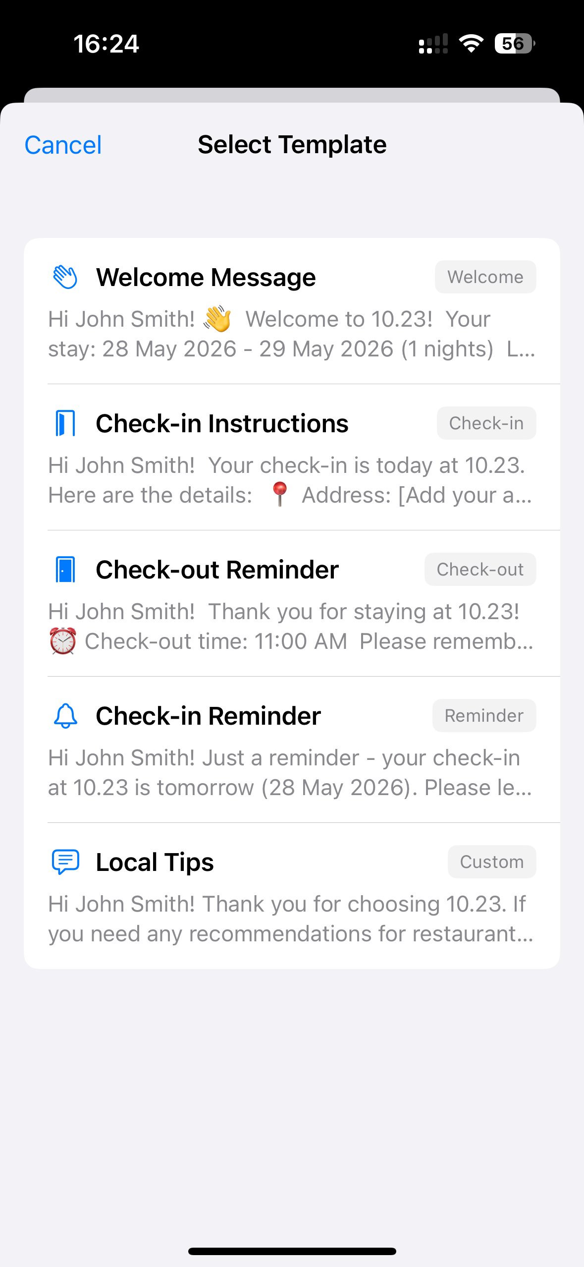 Hosta Select Template screen with ready-made guest message templates