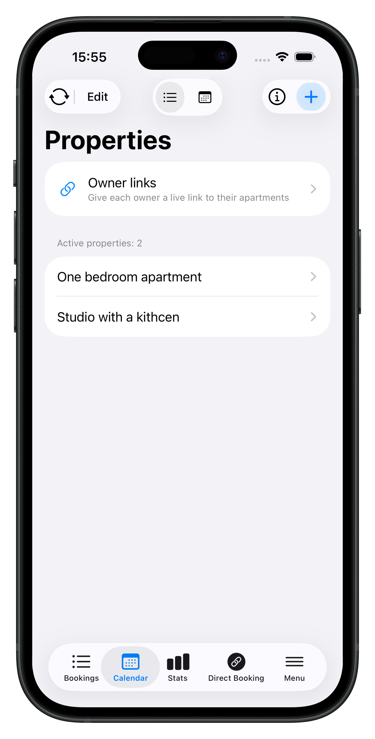 Hosta Properties screen with the Owner links row: give each owner a live link to their apartments
