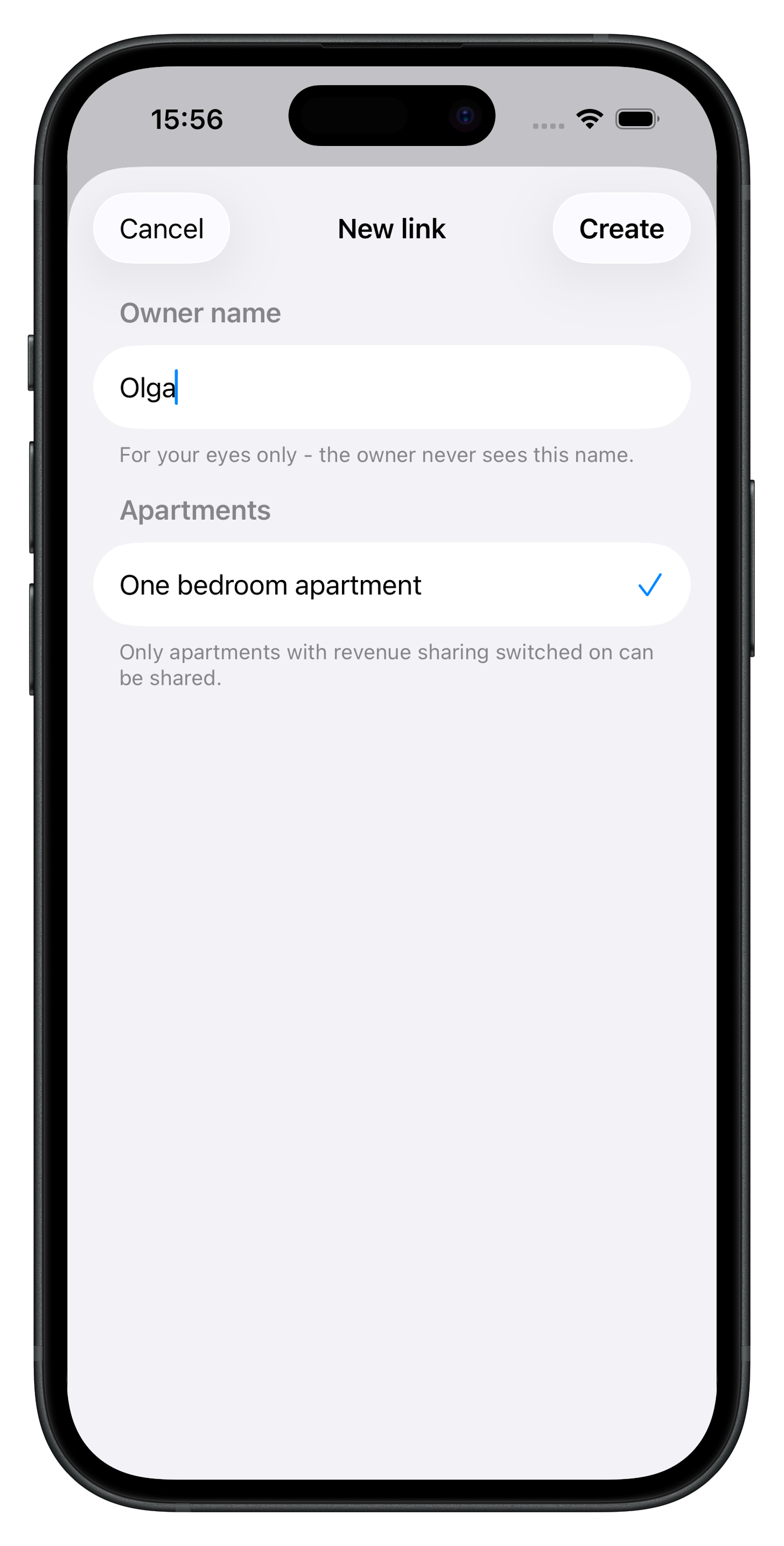 Creating a new owner link in Hosta: owner name field and a checklist of apartments with revenue sharing