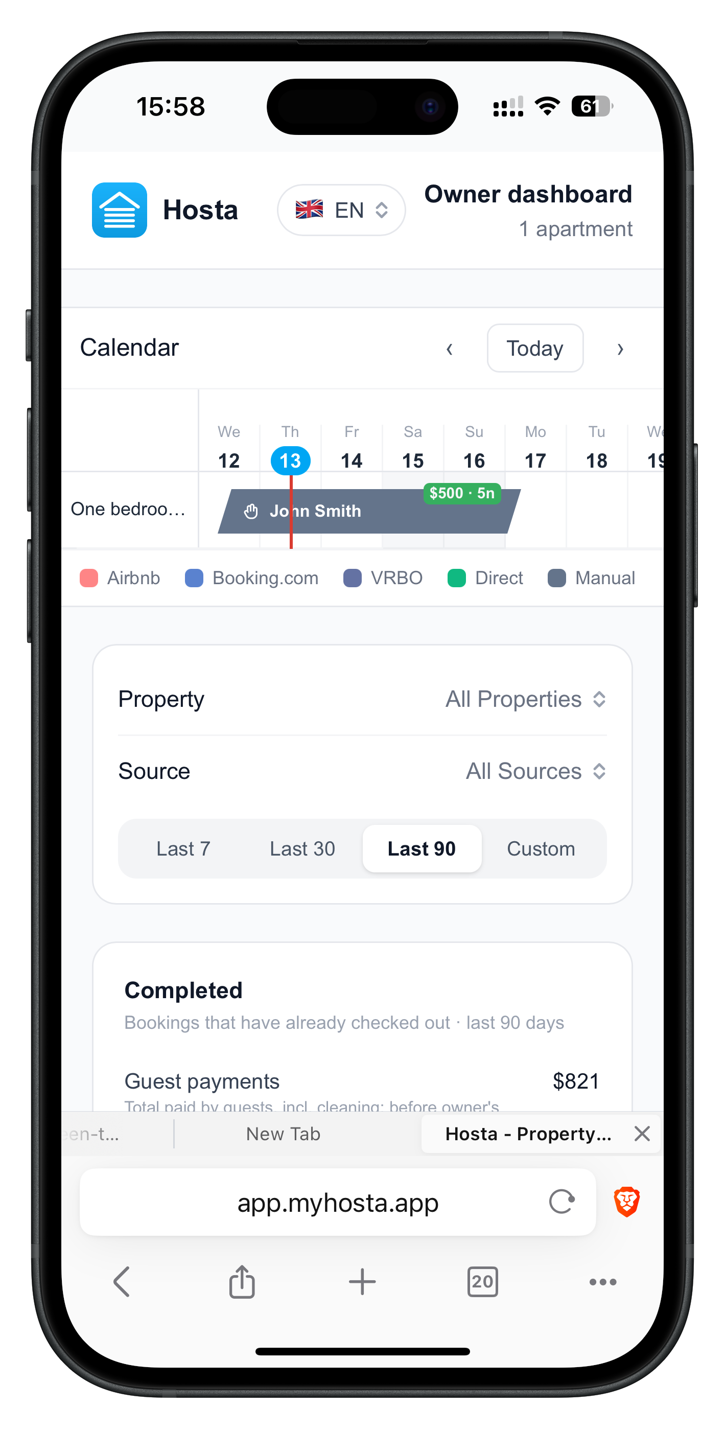 Hosta owner dashboard in a mobile browser showing a live booking calendar with color-coded sources and filters by property, source and period