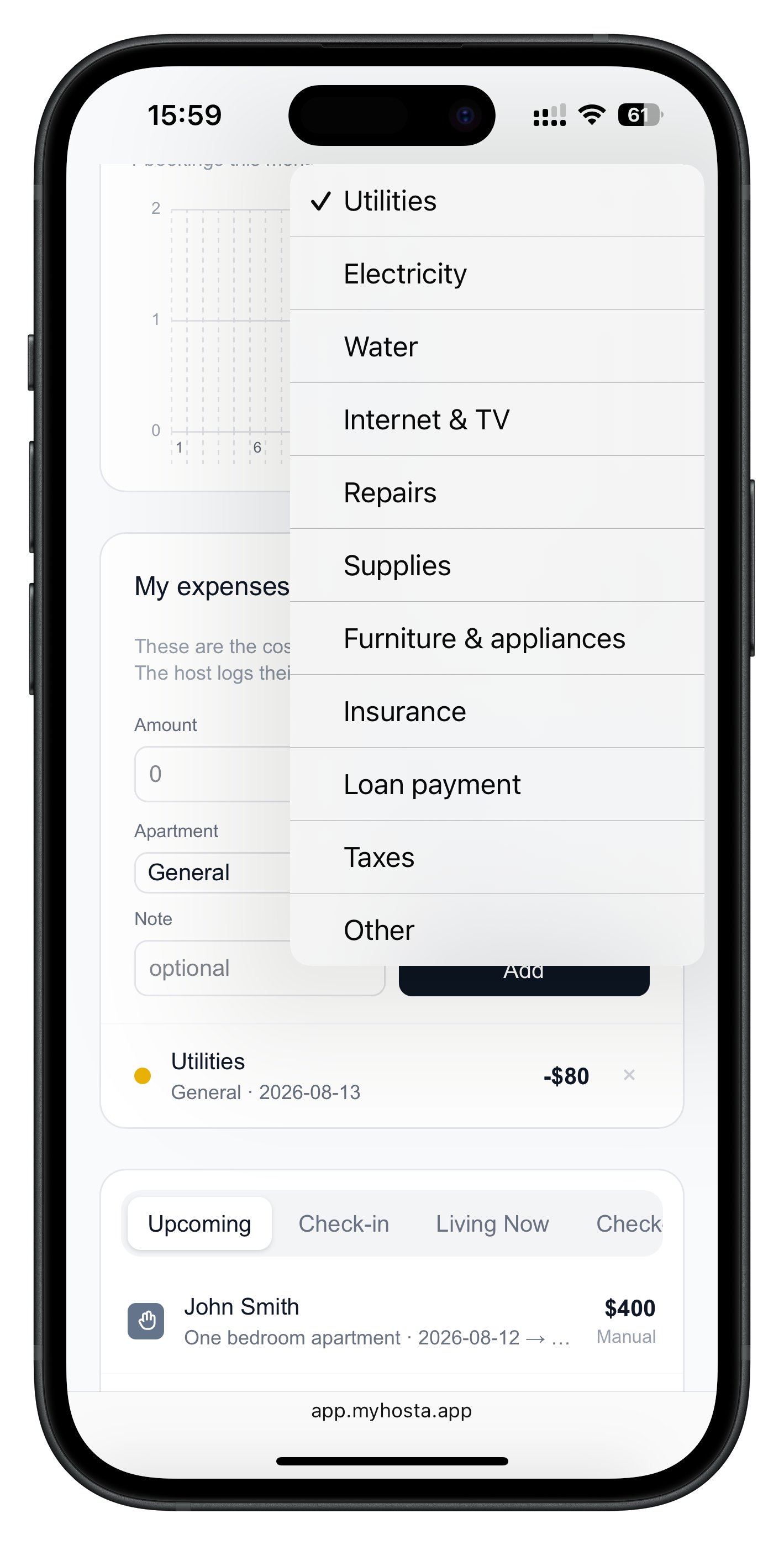 Owner dashboard expense form with categories: utilities, electricity, water, internet and TV, repairs, supplies, furniture, insurance, loan payment, taxes