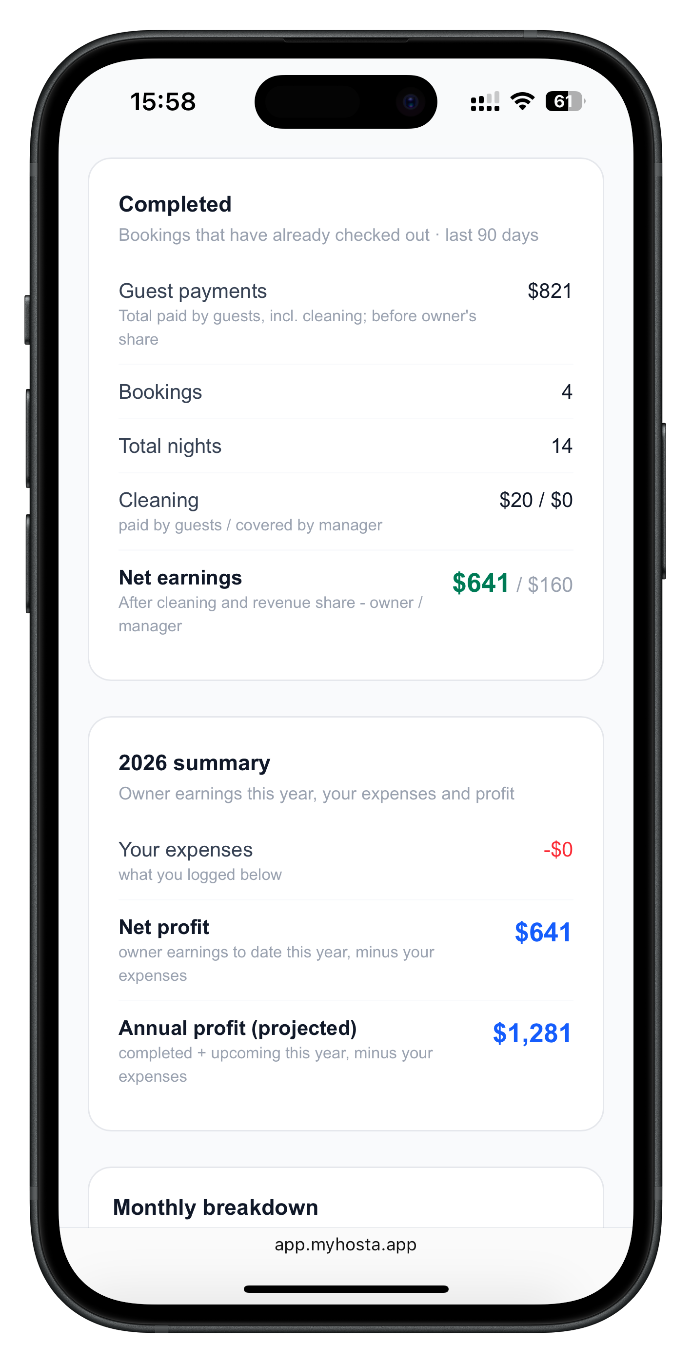 Owner dashboard financial summary: guest payments, bookings, nights, cleaning split, net earnings owner versus manager, year summary with net profit
