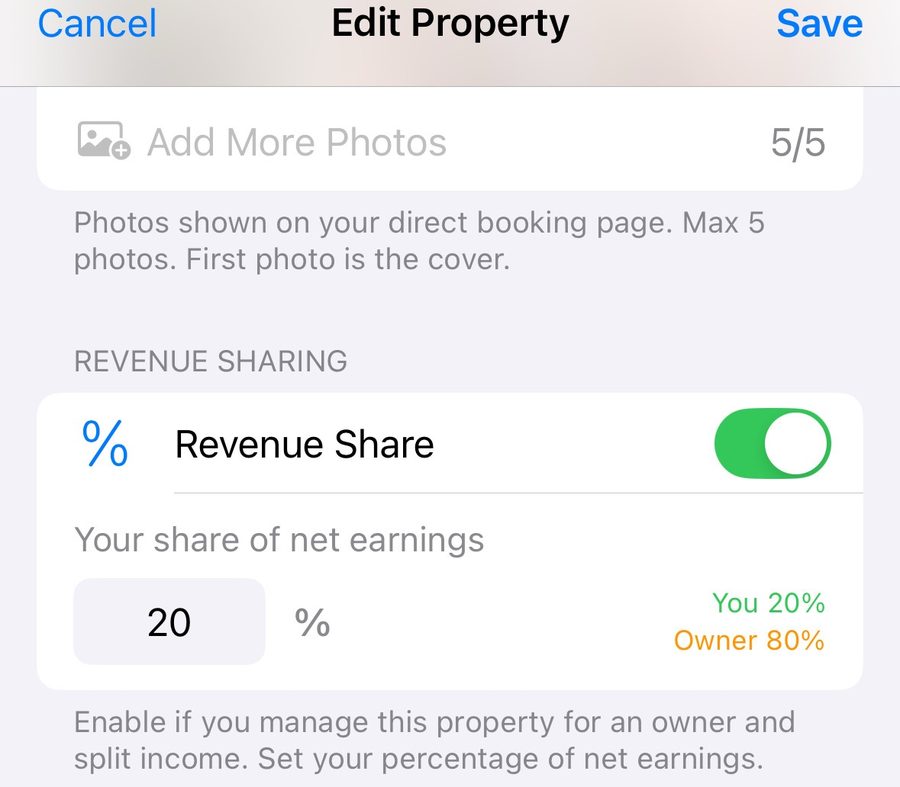 Hosta Revenue Share setting on a property, with the manager keeping 20 percent of net earnings and the owner 80 percent