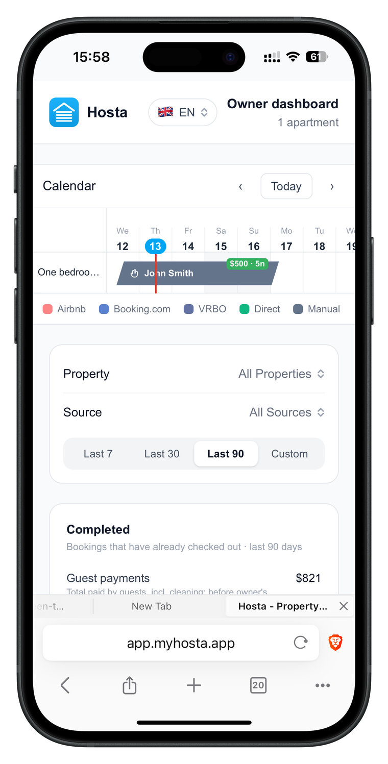 Owner dashboard: live booking calendar for the owner