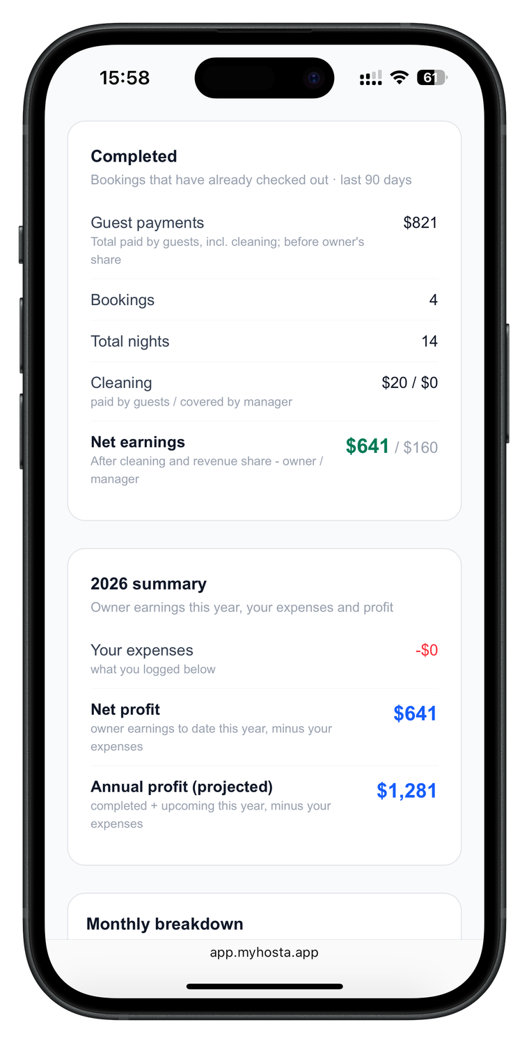 Income split owner versus manager on the owner dashboard
