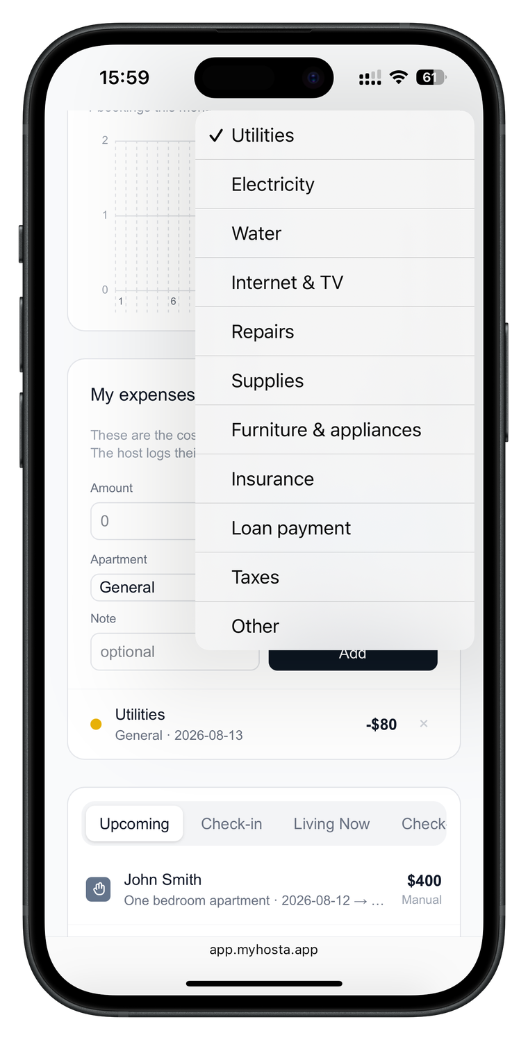 Owner logs their own expenses: utilities, repairs, insurance, loan