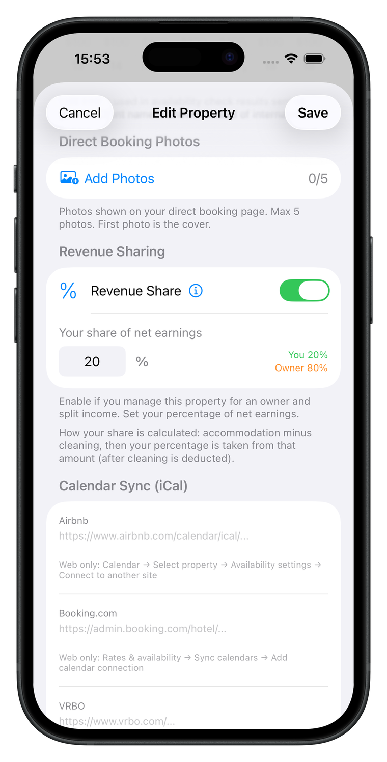 Revenue Share setting on a property in Hosta