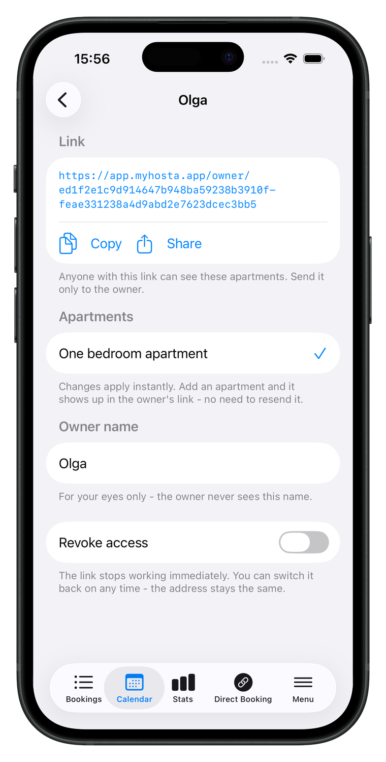 Owner link details with copy, share and revoke access